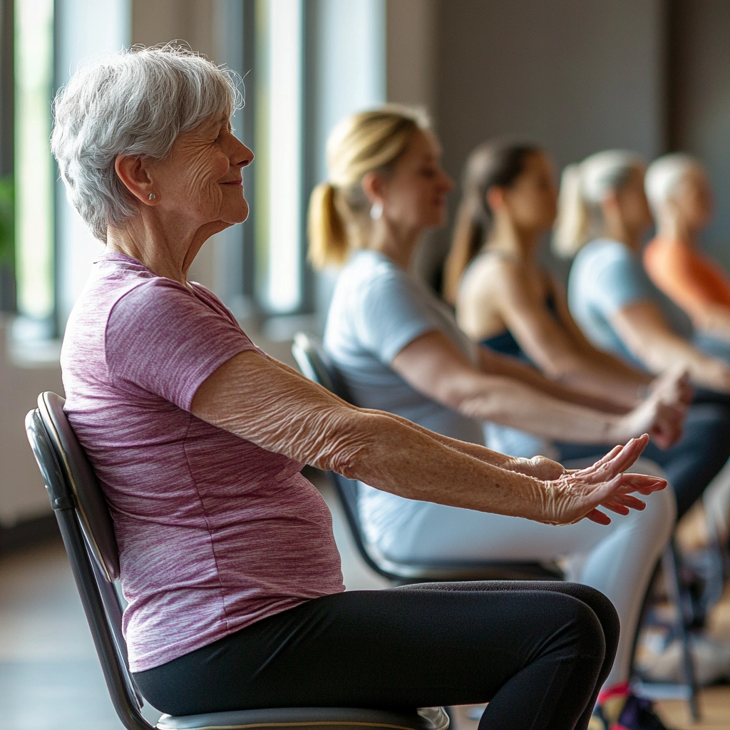 Заняття для початківців зі старшими людьми, які виконують прості вправи на стільцях