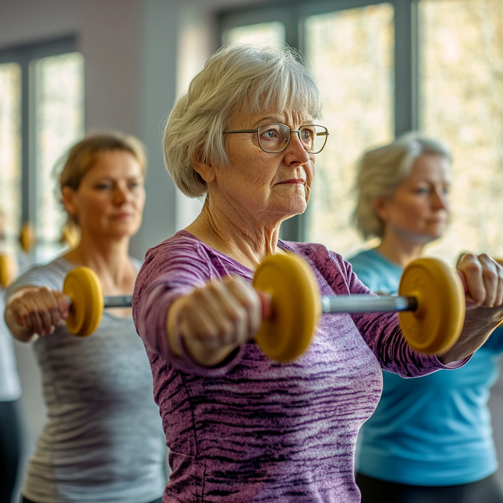 Група людей старшого віку виконує вправи з легкими гантелями